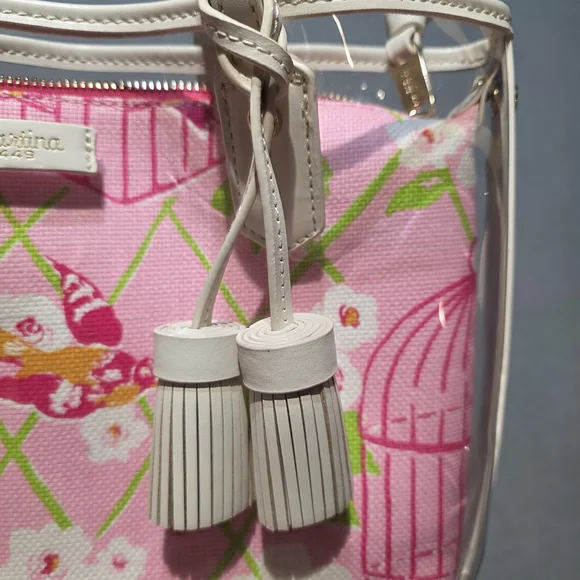 Spartina 449 Pink & White Floral Birdcage Tote EXCELLENT Cond L:13 H:10 - Picture 5 of 13